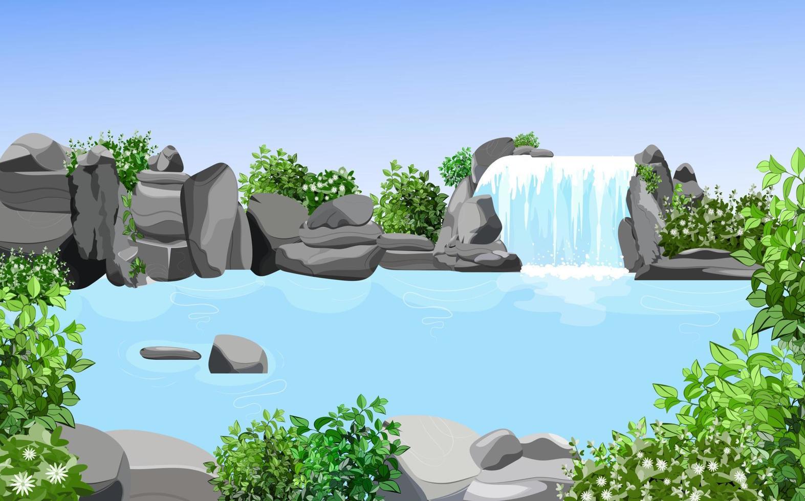 conjunto de paisajes tropicales naturales con una cascada que fluye entre rocas y piedras. una corriente de agua desemboca en un lago azul cubierto de arbustos y árboles silvestres. vector