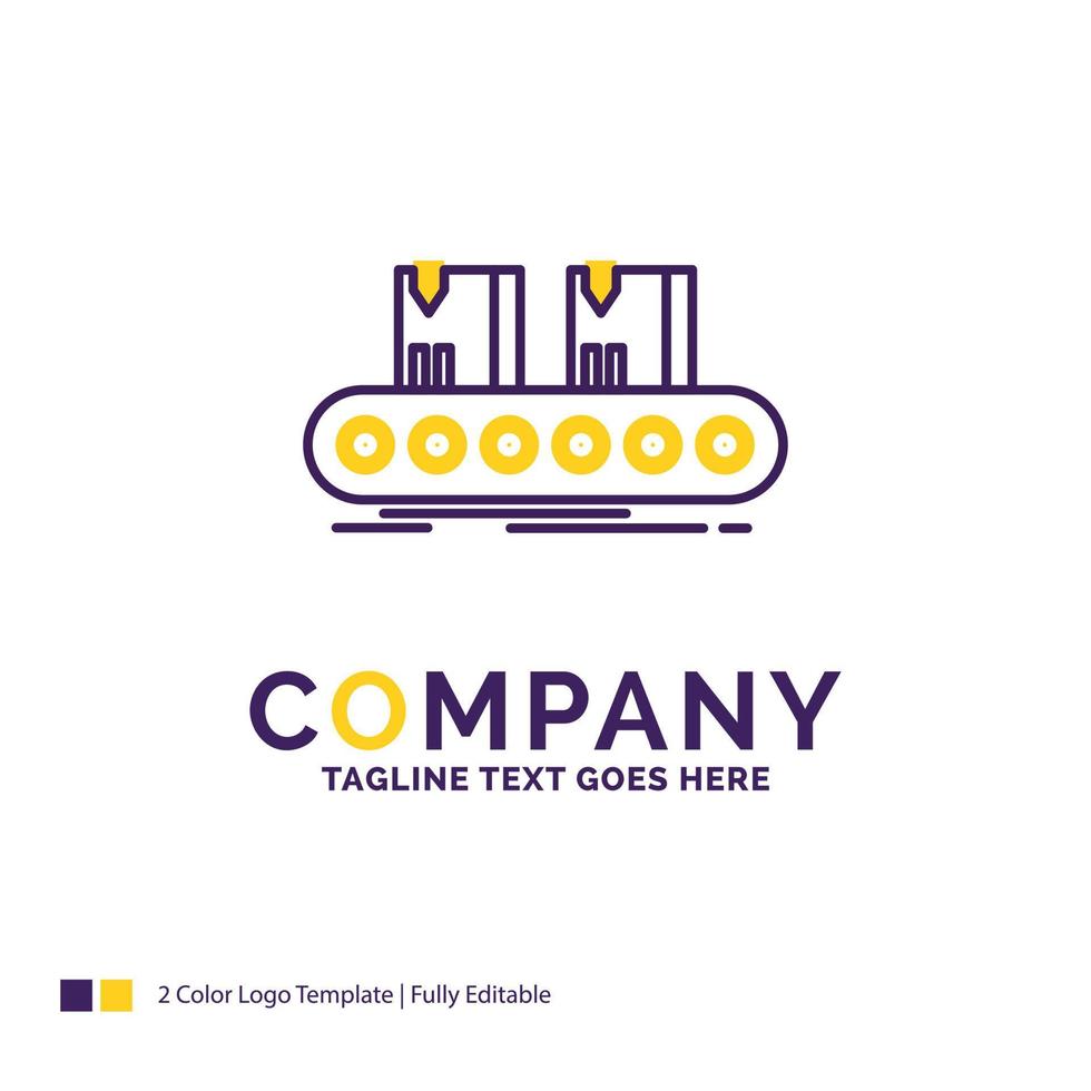 Company Name Logo Design For Belt. box. conveyor. factory. line. Purple and yellow Brand Name Design with place for Tagline. Creative Logo template for Small and Large Business. vector