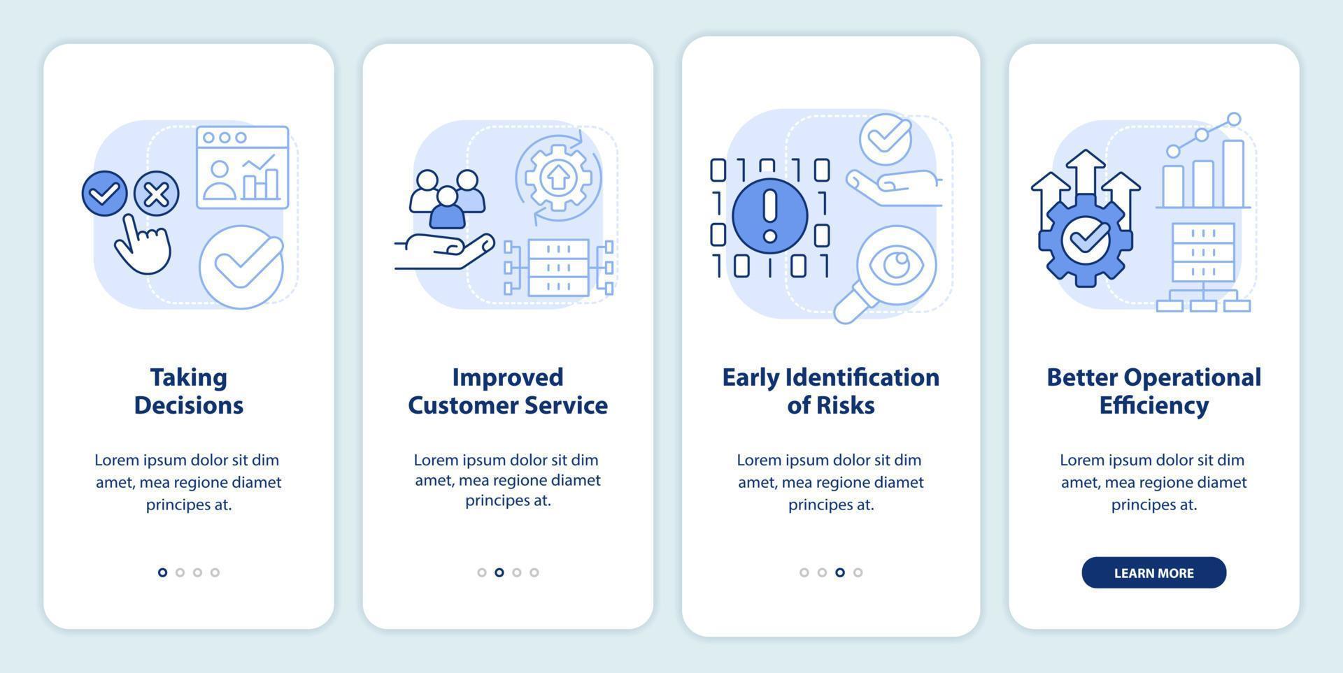 beneficios del procesamiento de big data pantalla de aplicación móvil de incorporación azul claro. tutorial 4 pasos páginas de instrucciones gráficas con conceptos lineales. interfaz de usuario, ux, plantilla de interfaz gráfica de usuario. vector