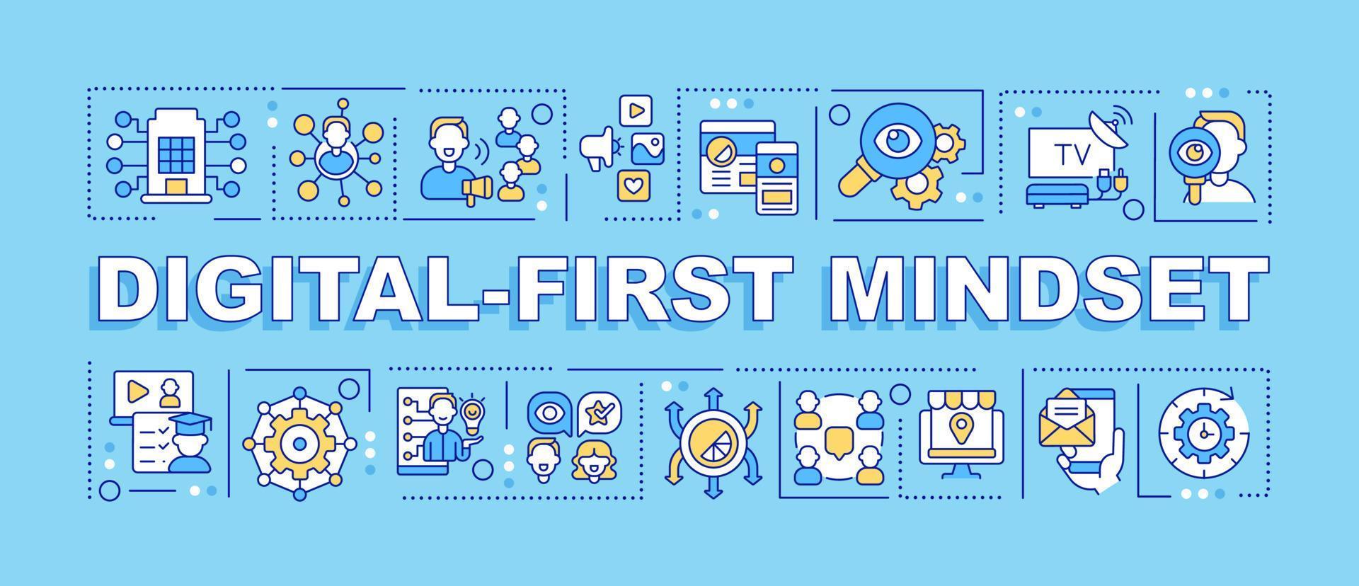 Digital first mindset word concepts blue banner. Electronic commerce. Infographics with icons on color background. Isolated typography. Vector illustration with text.