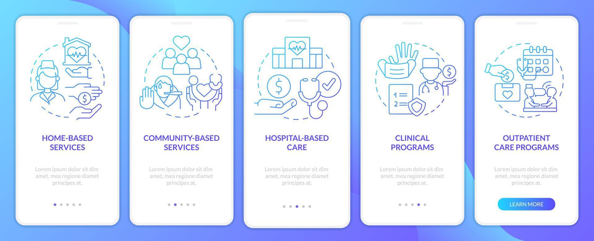 Medical care services blue gradient onboarding mobile app screen. Walkthrough 5 steps graphic instructions pages with linear concepts. UI, UX, GUI template. vector