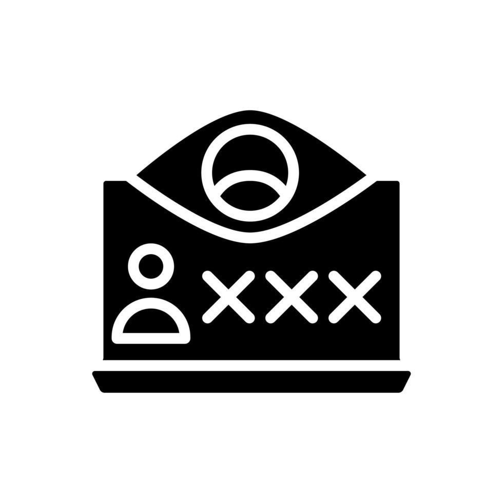 Spyware black glyph icon. Spying software. Malicious program. Monitors online behavior. Stealing data. Silhouette symbol on white space. Solid pictogram. Vector isolated illustration