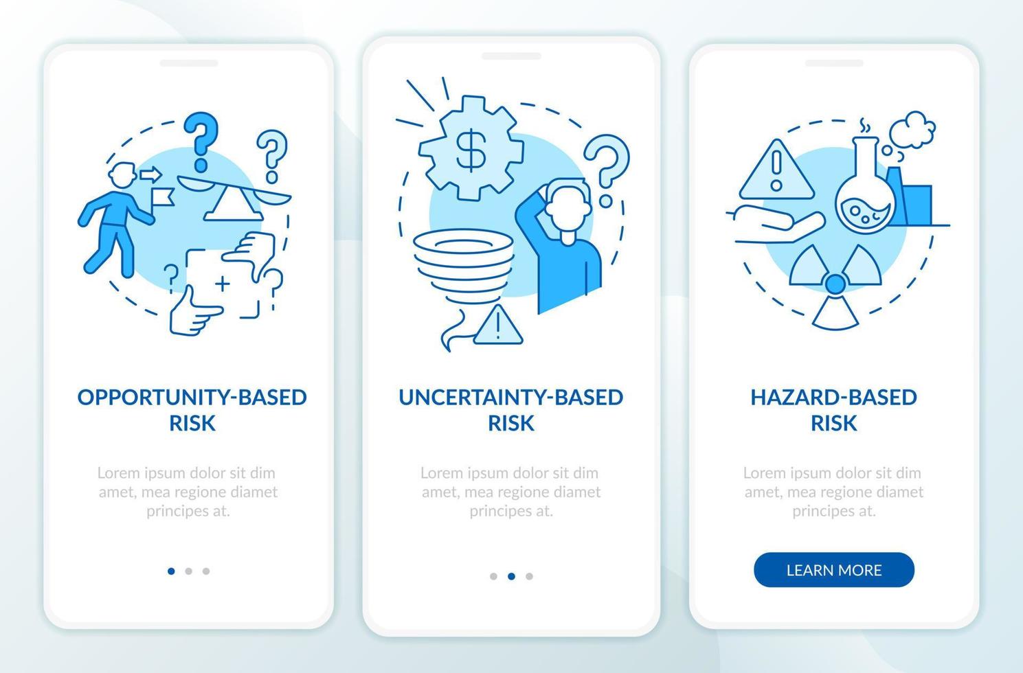Risks types blue onboarding mobile app screen. Problems analysing walkthrough 3 steps graphic instructions pages with linear concepts. UI, UX, GUI template. vector
