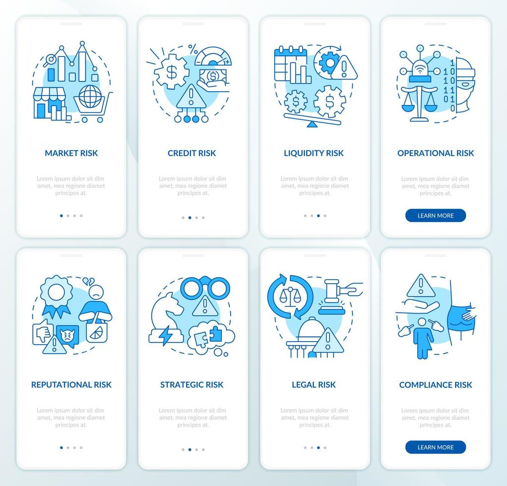 Risk categories blue onboarding mobile app screen set. Crisis management walkthrough 4 steps graphic instructions pages with linear concepts. UI, UX, GUI template. vector