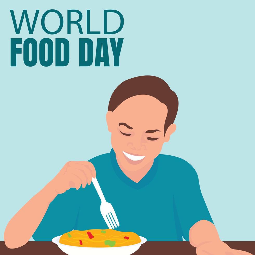 illustration vector graphic of a man holding a fork will eat noodles on a plate, perfect for international day, world food day, celebrate, greeting card, etc.