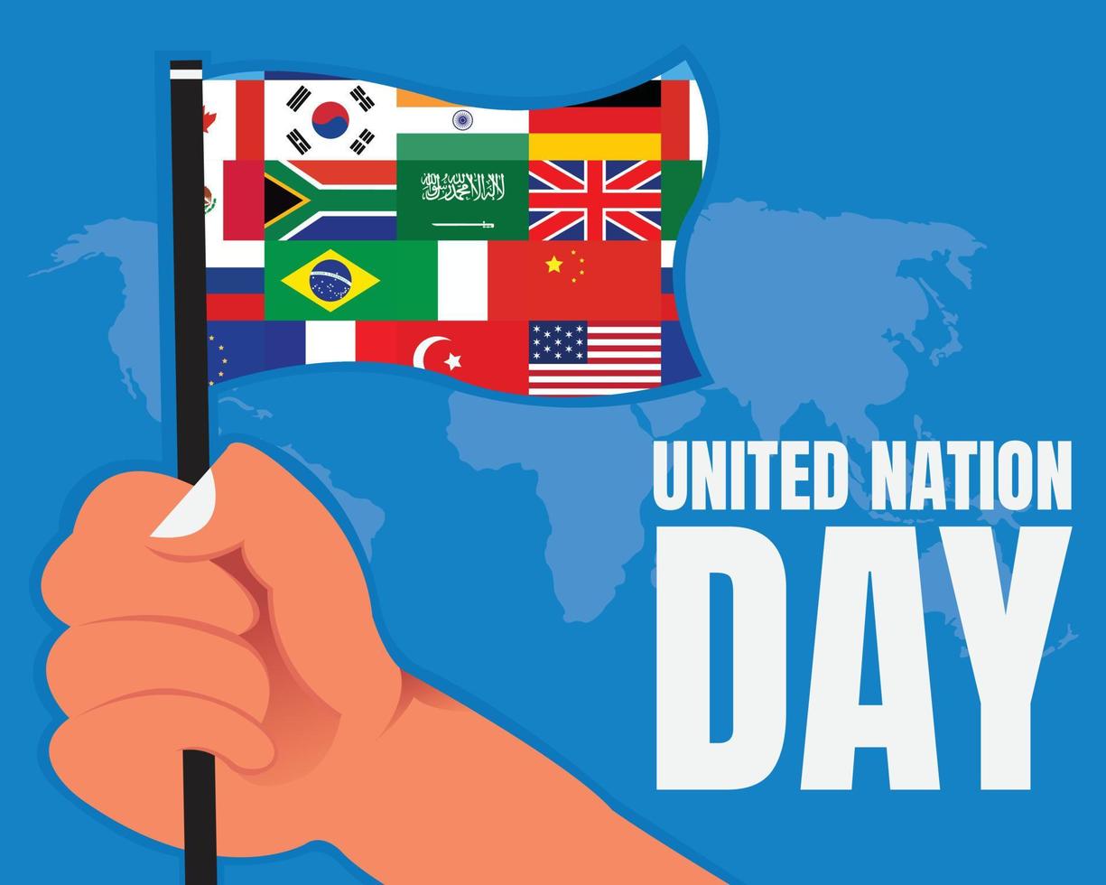 ilustración gráfica vectorial de una mano que sostiene la bandera del país en el mundo, perfecta para el día internacional, día de las naciones unidas, celebración, tarjeta de felicitación, etc. vector