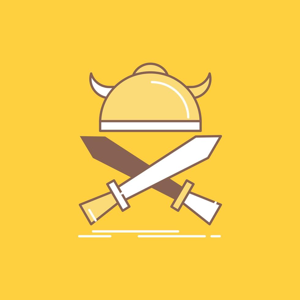 batalla. emblema. vikingo. guerrero. icono lleno de línea plana de espadas. hermoso botón de logotipo sobre fondo amarillo para ui y ux. sitio web o aplicación móvil vector