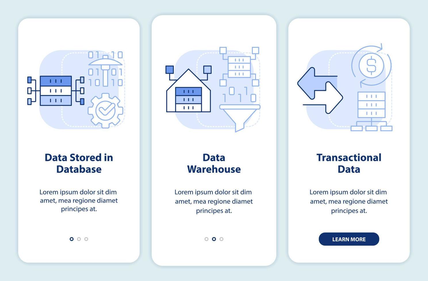 Types of data that can be mined light blue onboarding mobile app screen. Walkthrough 3 steps graphic instructions pages with linear concepts. UI, UX, GUI template. vector