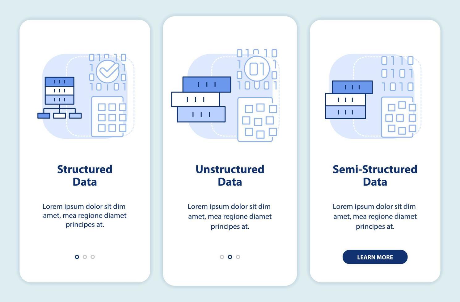 Types of big data light blue onboarding mobile app screen. Structure walkthrough 3 steps graphic instructions pages with linear concepts. UI, UX, GUI template. vector