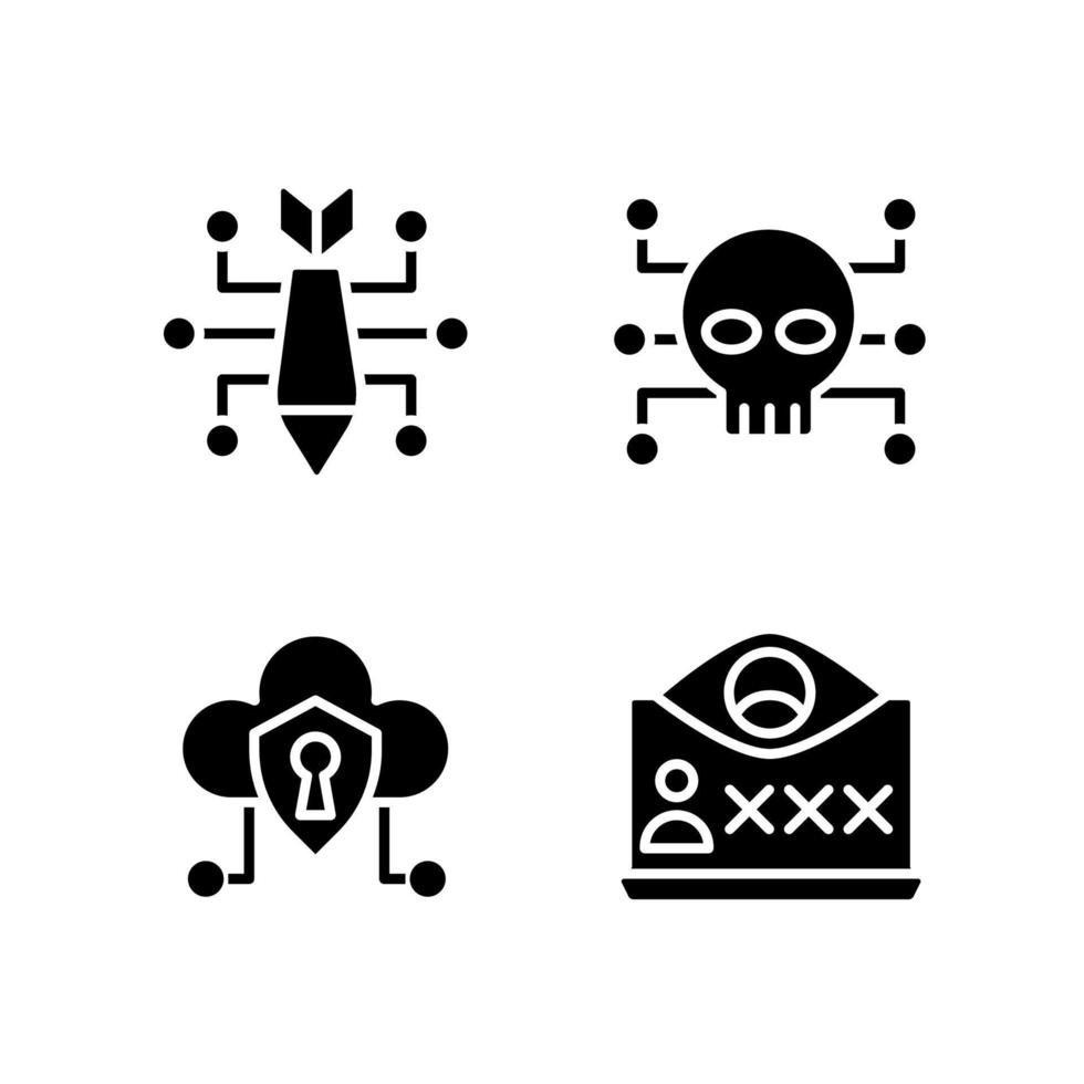 Malicious online activity black glyph icons set on white space. Cyber attack. Cybercrime. Spying malware. Online safety. Silhouette symbols. Solid pictogram pack. Vector isolated illustration