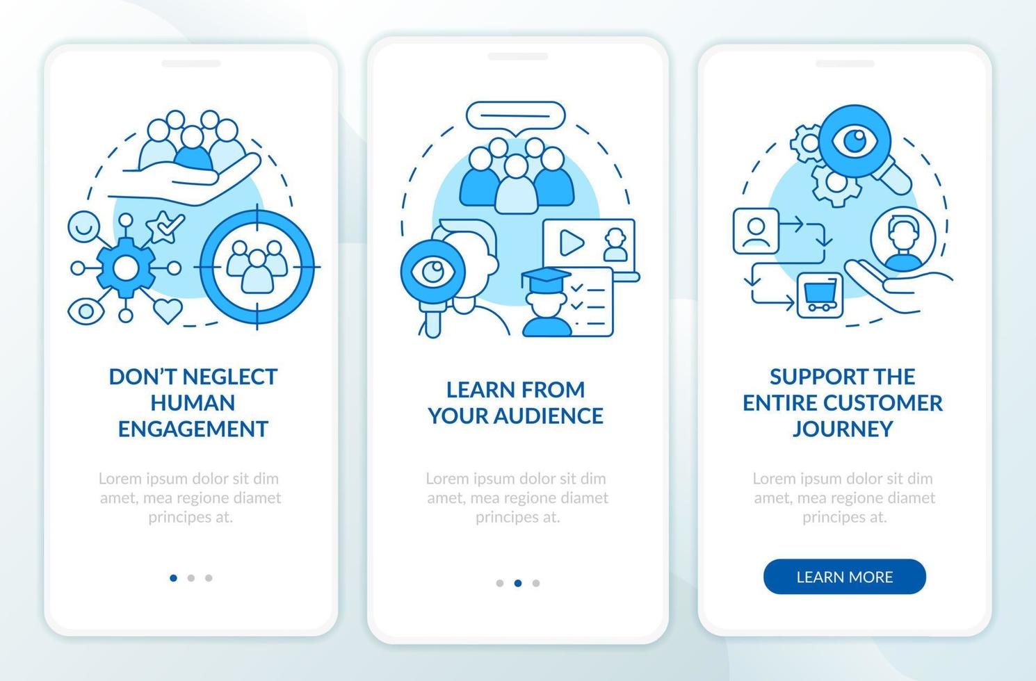 People first mindset blue onboarding mobile app screen. Digital marketing walkthrough 3 steps graphic instructions pages with linear concepts. UI, UX, GUI template. vector