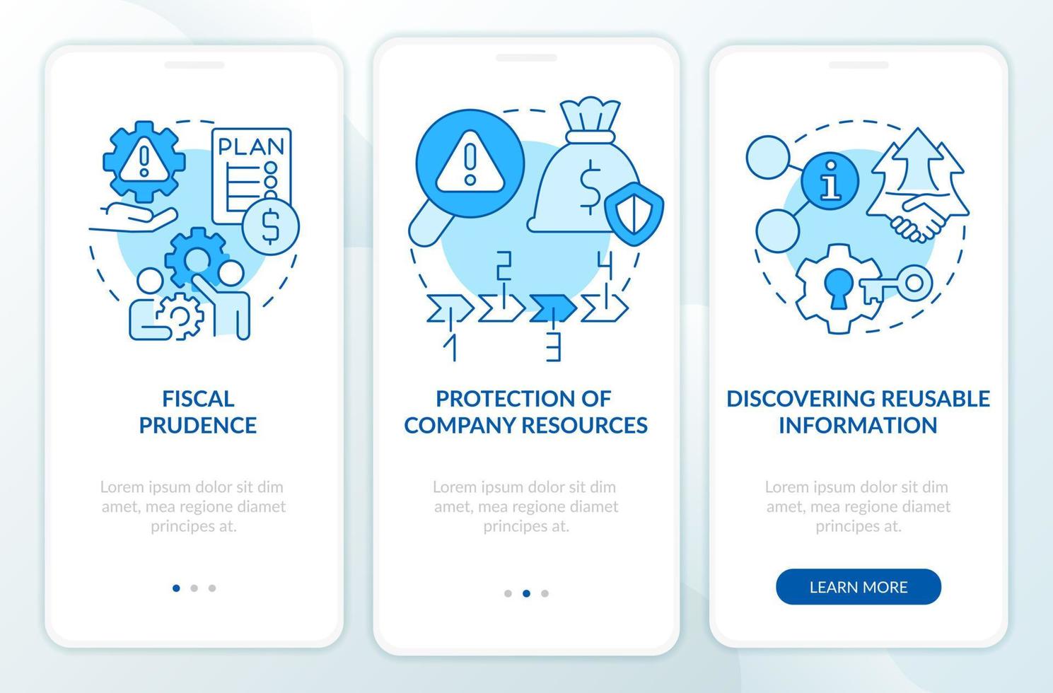 Risk management benefits blue onboarding mobile app screen. Strategy walkthrough 3 steps graphic instructions pages with linear concepts. UI, UX, GUI template. vector