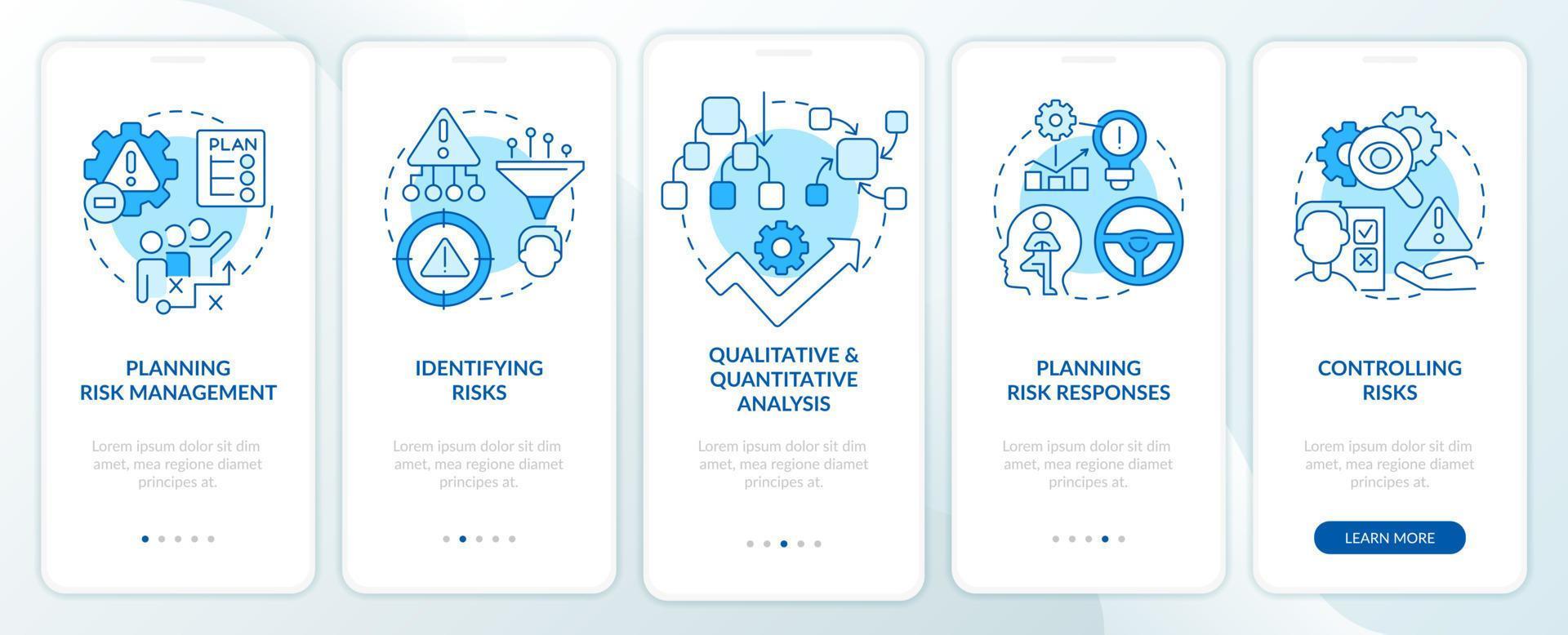 proceso de gestión de riesgos pantalla de aplicación móvil de incorporación azul. tutorial de negocios 5 pasos páginas de instrucciones gráficas con conceptos lineales. interfaz de usuario, ux, plantilla de interfaz gráfica de usuario. vector