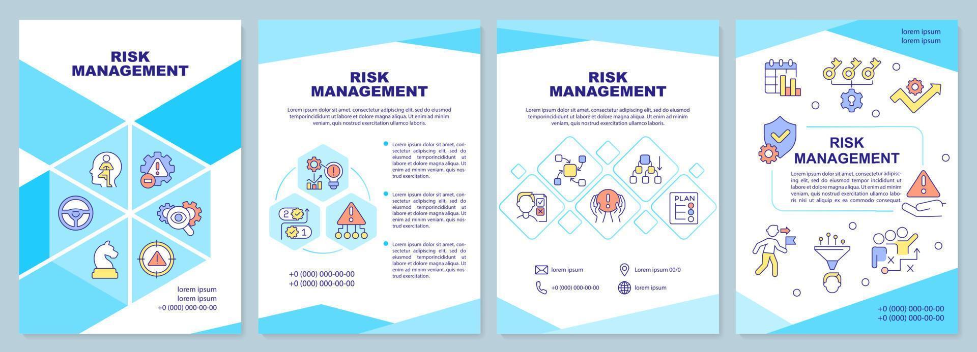 Risk management blue brochure template. Corporate safety. Leaflet design with linear icons. 4 vector layouts for presentation, annual reports.