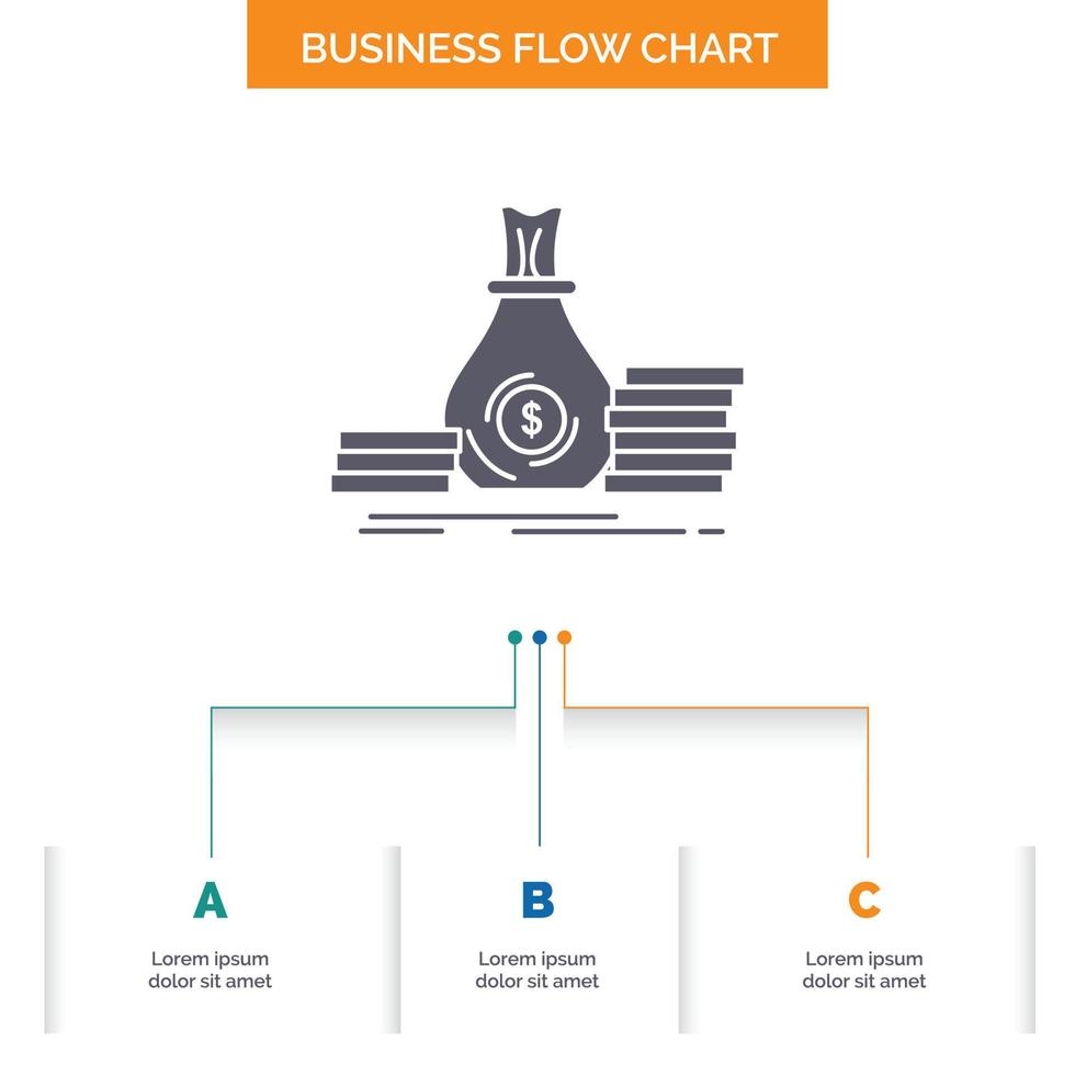 Accumulation. bag. investment. loan. money Business Flow Chart Design with 3 Steps. Glyph Icon For Presentation Background Template Place for text. vector