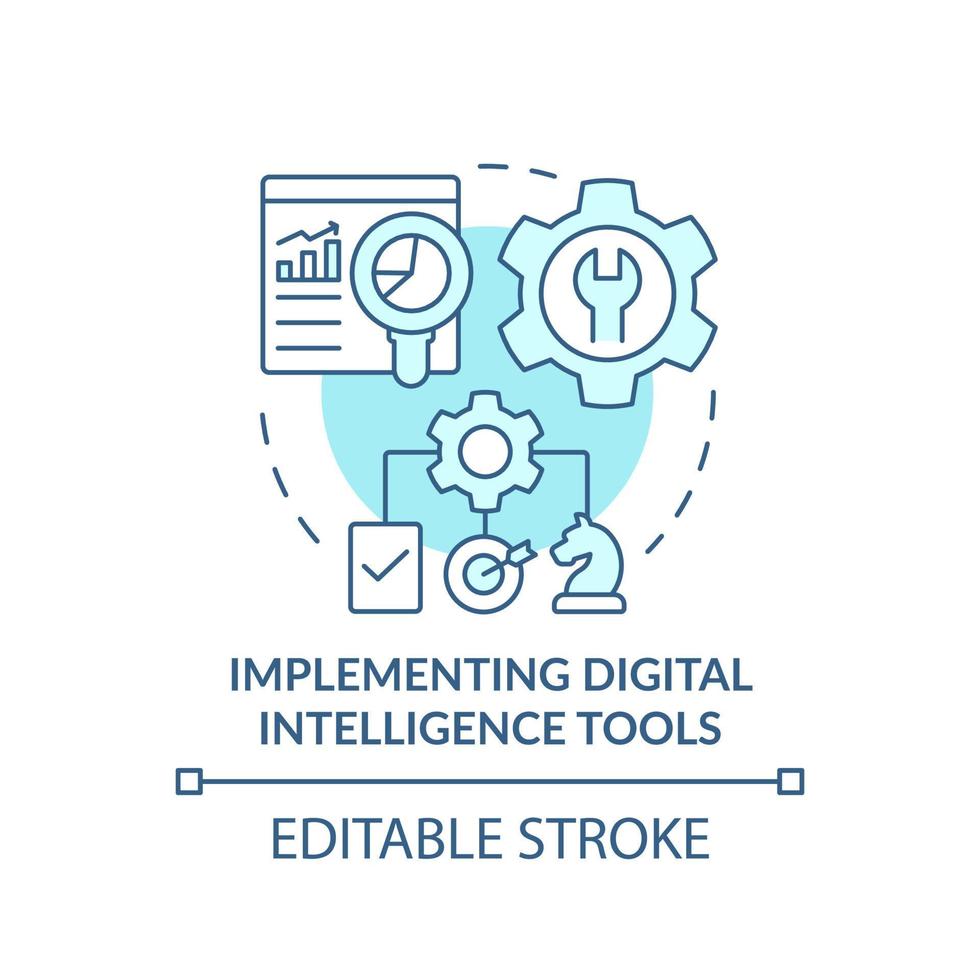 Implement digital intelligence tools turquoise concept icon. Digital first strategy abstract idea thin line illustration. Isolated outline drawing. Editable stroke. vector