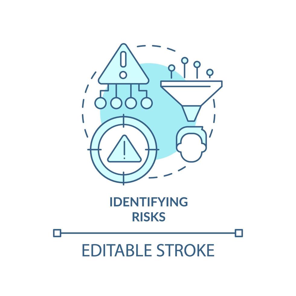 Identifying risks turquoise concept icon. Risk management process abstract idea thin line illustration. Recognize hazards. Isolated outline drawing. Editable stroke. vector