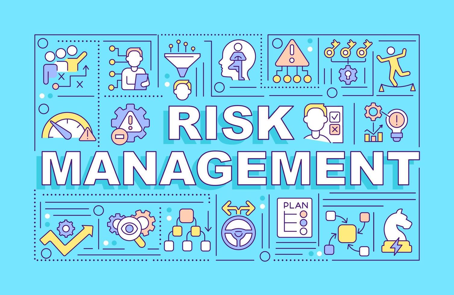 Risk management word concepts blue banner. Deal with problems. Infographics with icons on color background. Isolated typography. Vector illustration with text.
