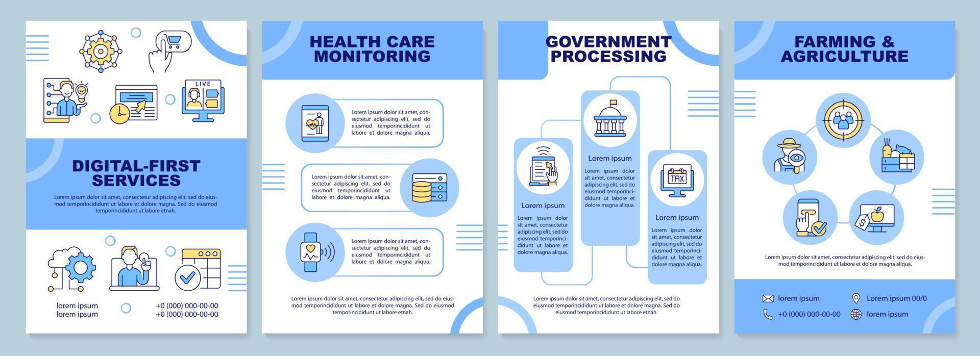 Digital first services brochure template. Electronic commerce. Leaflet design with linear icons. 4 vector layouts for presentation, annual reports.