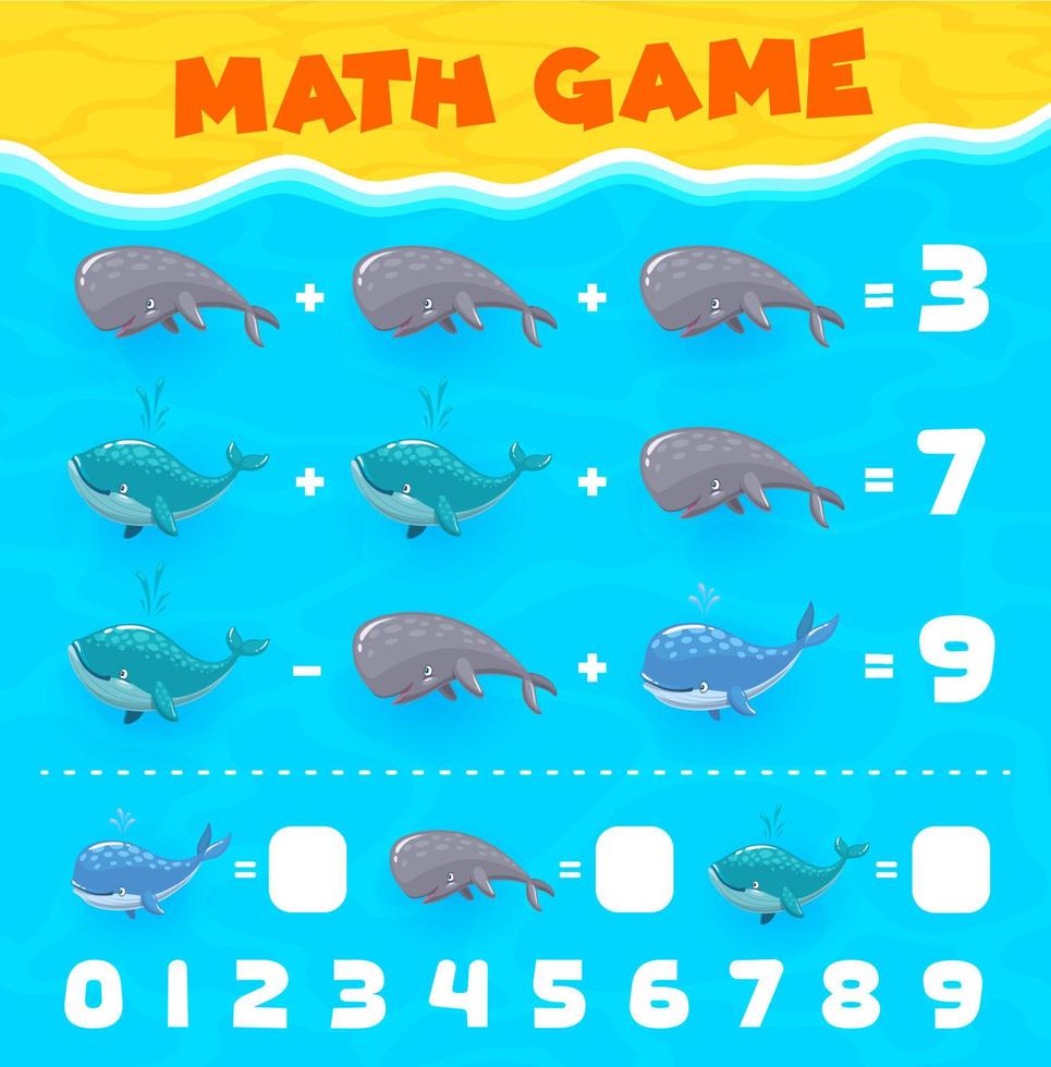 Math game worksheet with cartoon whales characters vector