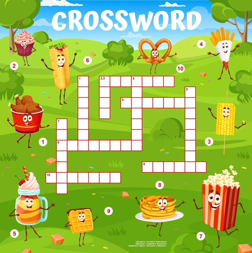 cuadrícula de juego de crucigramas con personajes de comida rápida vector