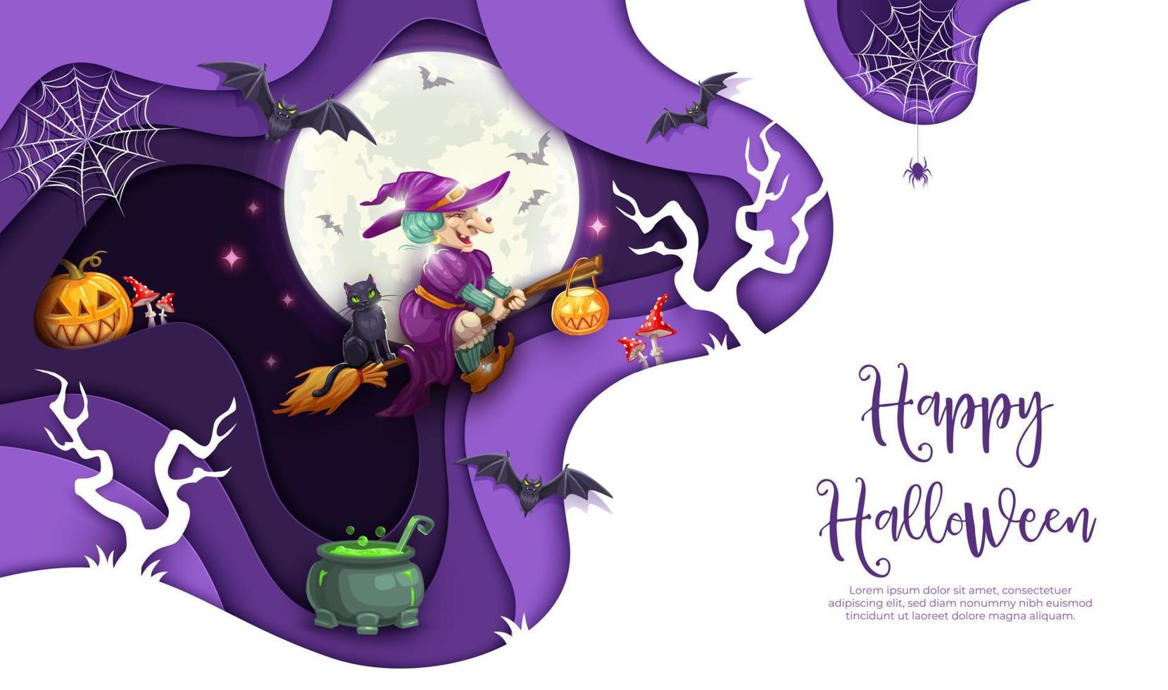 Halloween paper cut with witch flying on broom vector