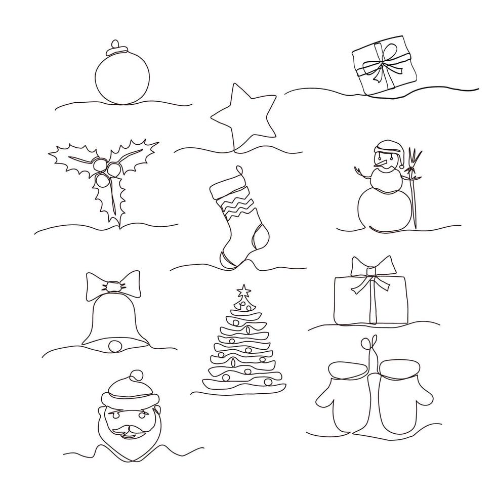 Continuous one line drawing Christmas design elements. Simple modern symbol by one line for Winter holidays, merry christmas and happy new year decoration. Fashionable trend vector