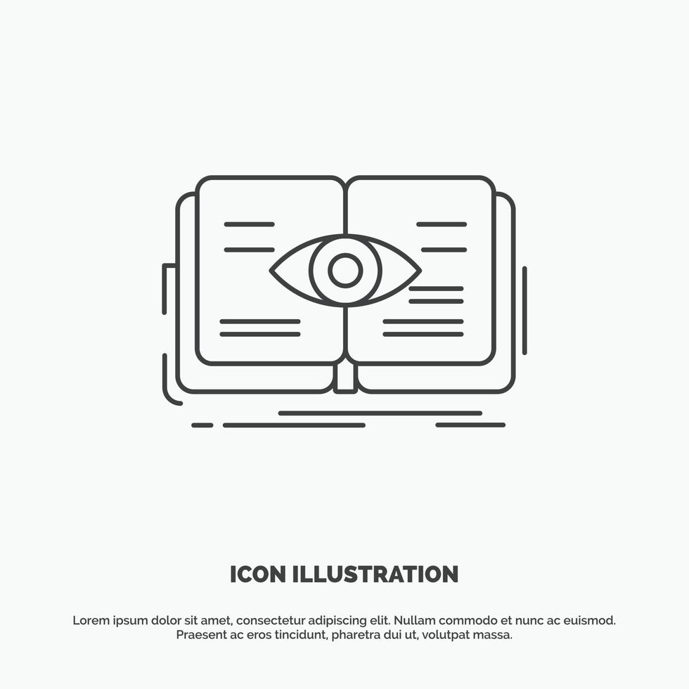 conocimiento. libro. ojo. vista. icono de crecimiento. símbolo gris vectorial de línea para ui y ux. sitio web o aplicación móvil vector