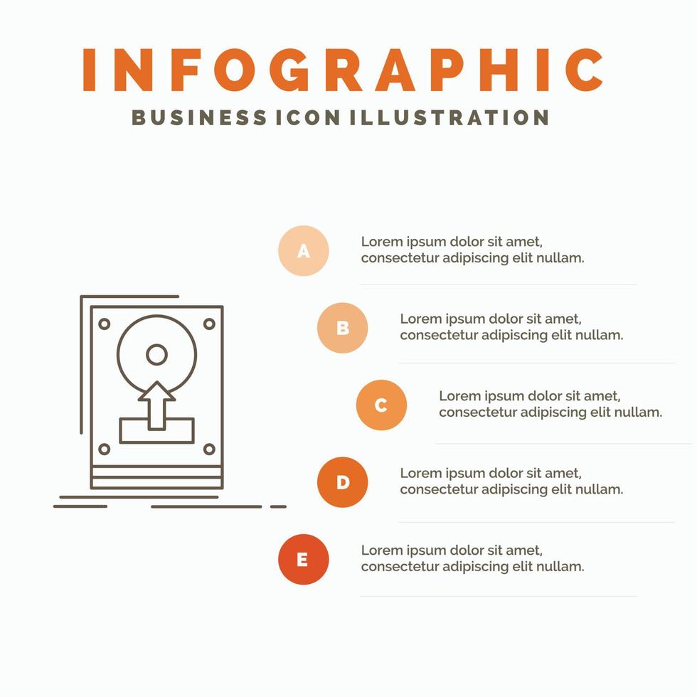 Instalar en pc. conducir. disco duro ahorrar. cargue la plantilla de infografía para el sitio web y la presentación. icono de línea gris con ilustración de vector de estilo infográfico naranja