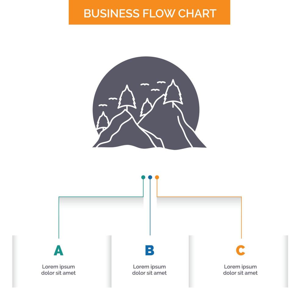hill. landscape. nature. mountain. sun Business Flow Chart Design with 3 Steps. Glyph Icon For Presentation Background Template Place for text. vector