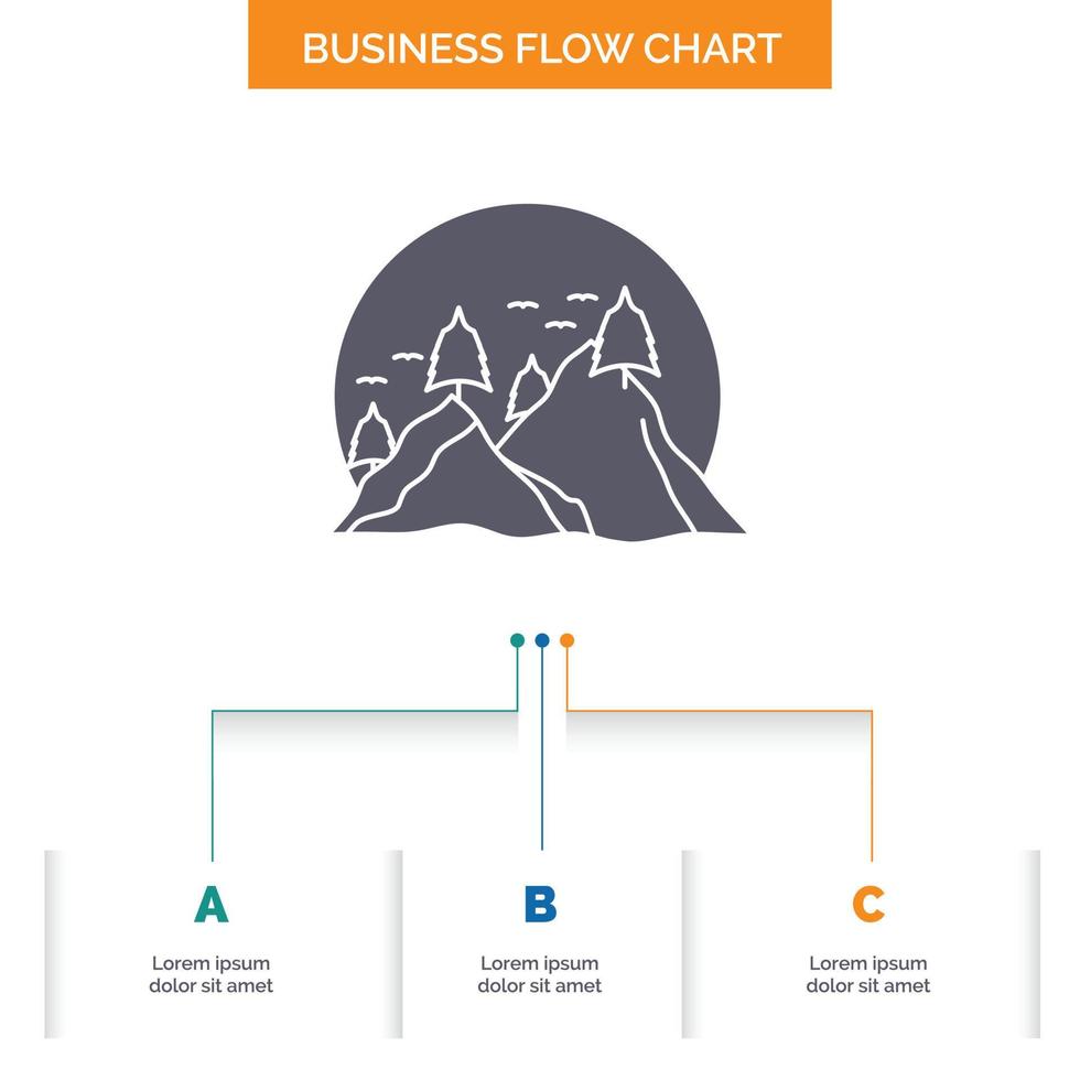 Cerro. paisaje. naturaleza. montaña. diseño de diagrama de flujo de negocios de sol con 3 pasos. icono de glifo para el lugar de plantilla de fondo de presentación para texto. vector