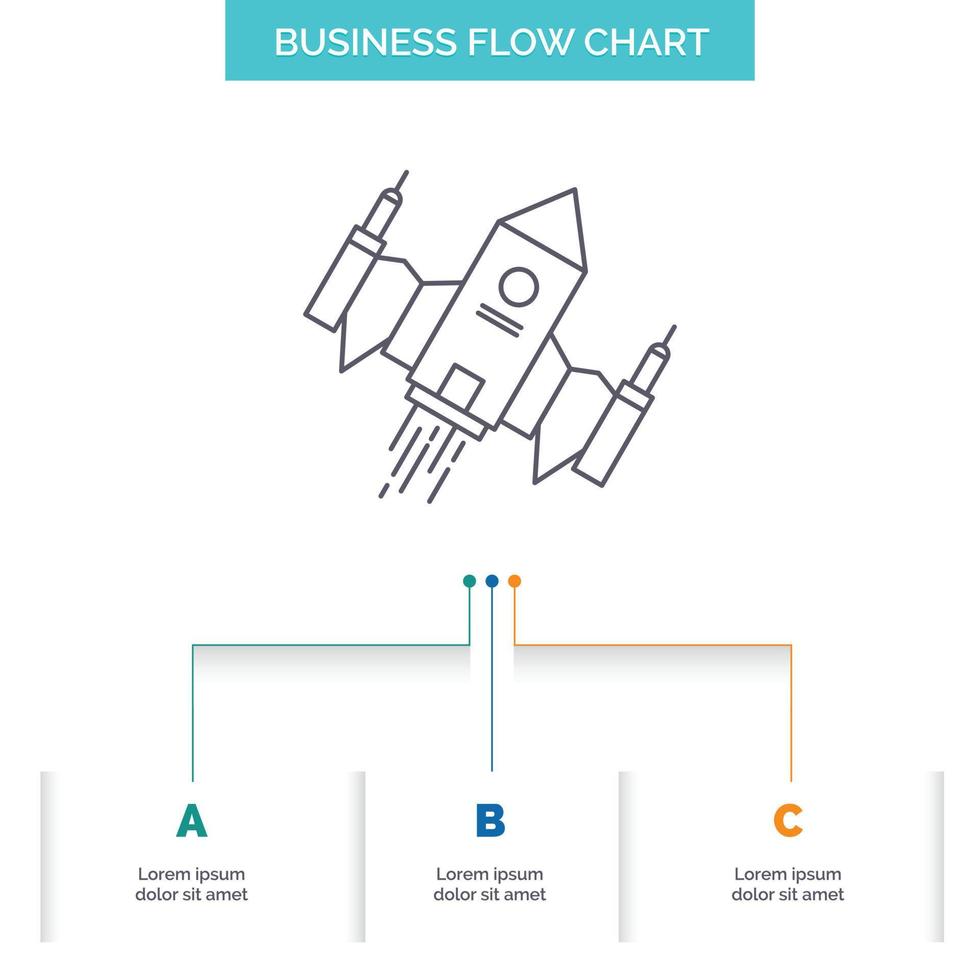 spacecraft. spaceship. ship. space. alien Business Flow Chart Design with 3 Steps. Line Icon For Presentation Background Template Place for text vector