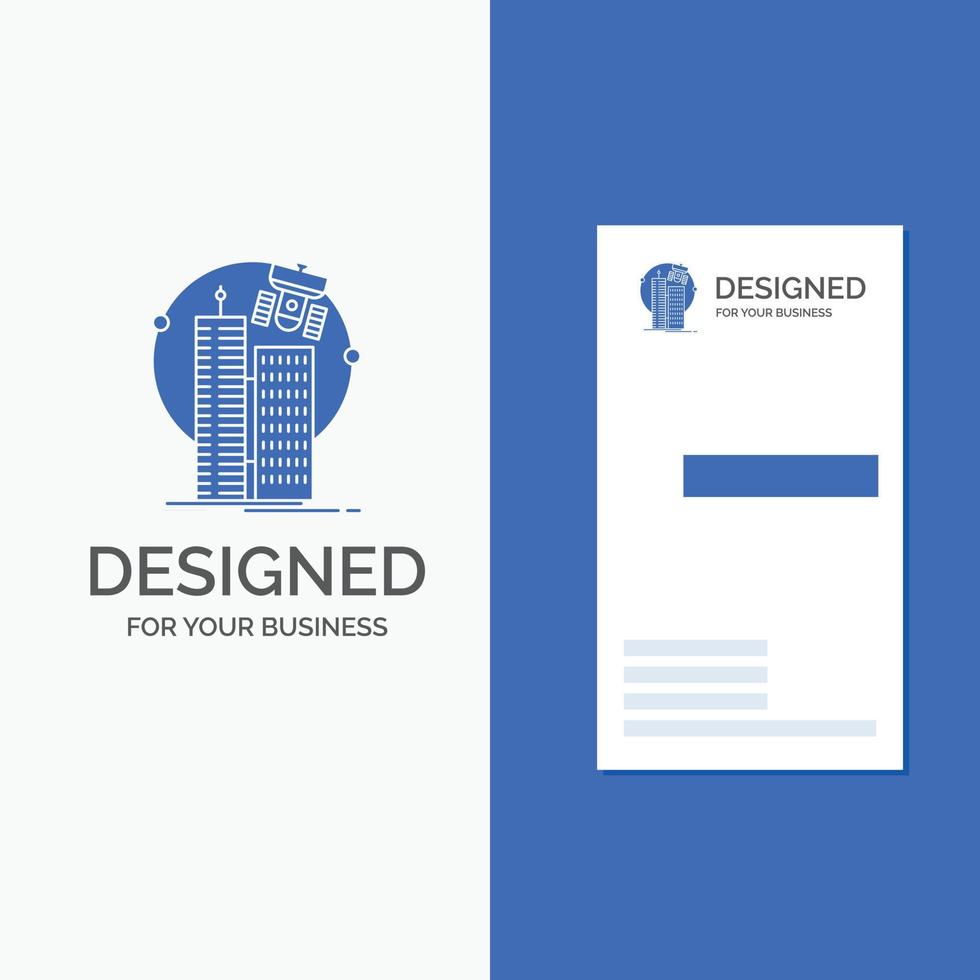 Business Logo for building. smart city. technology. satellite. corporation. Vertical Blue Business .Visiting Card template. vector