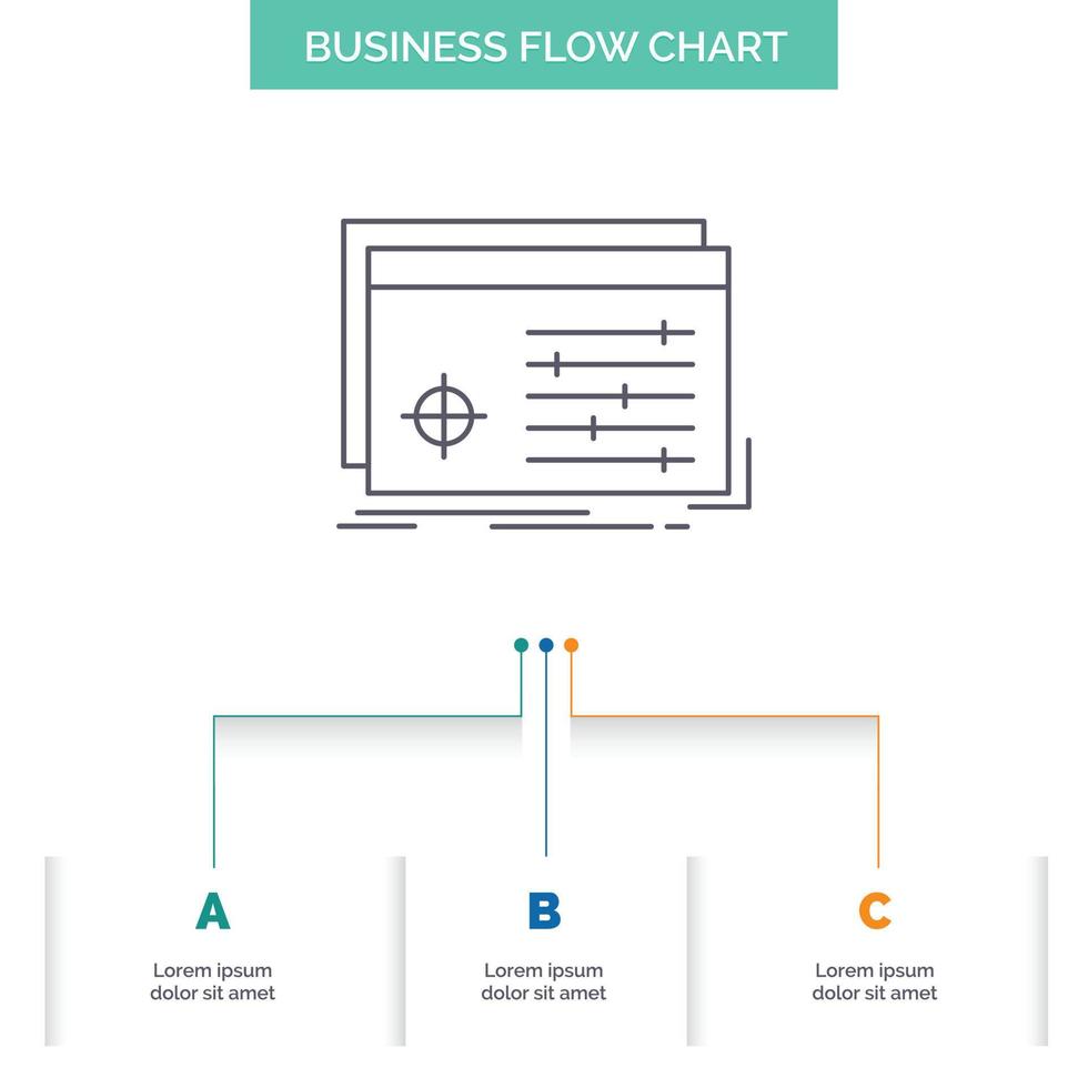 expediente. objeto. Procesando. ajustes. diseño de diagrama de flujo de negocio de software con 3 pasos. icono de línea para el lugar de plantilla de fondo de presentación para texto vector