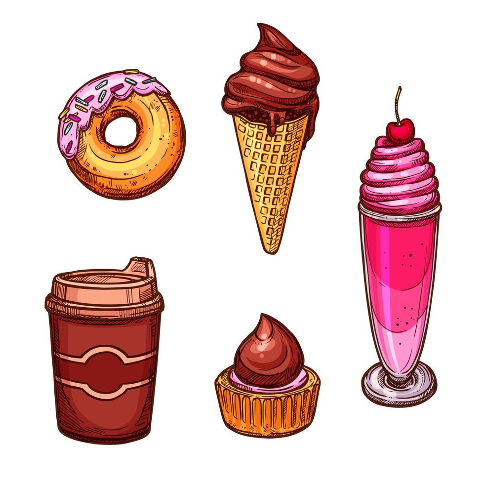 Pastry desserts and sweets vector sketch icons