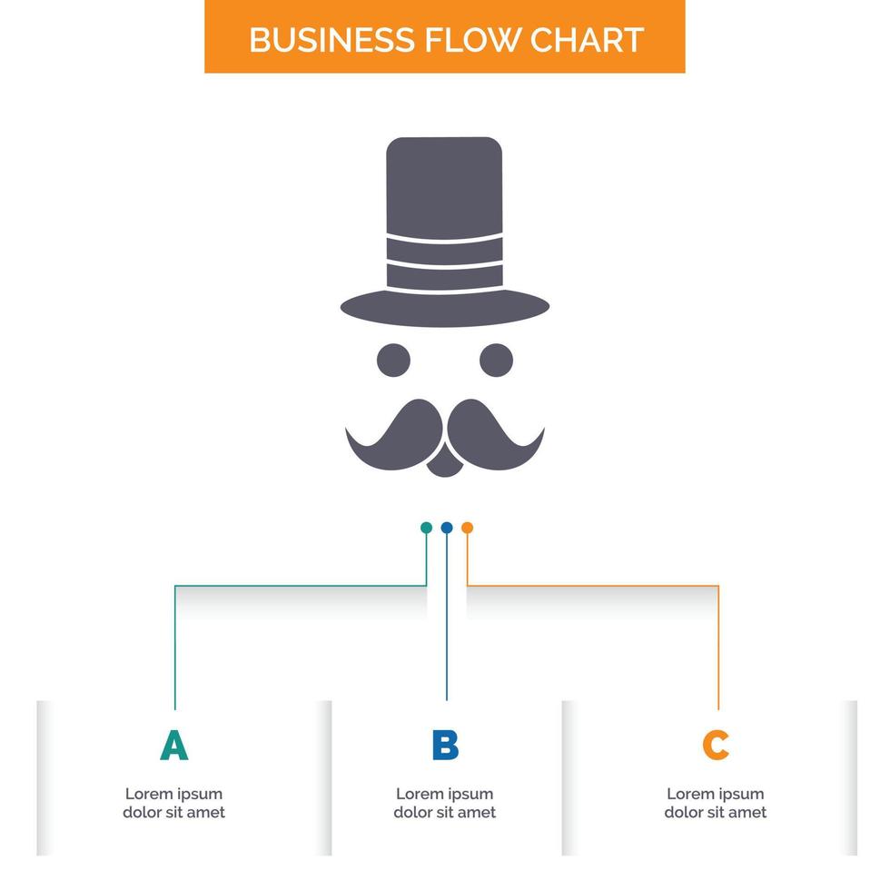 bigote. inconformista. movimiento Papá Noel. diseño de diagrama de flujo de negocios de hat con 3 pasos. icono de glifo para el lugar de plantilla de fondo de presentación para texto. vector