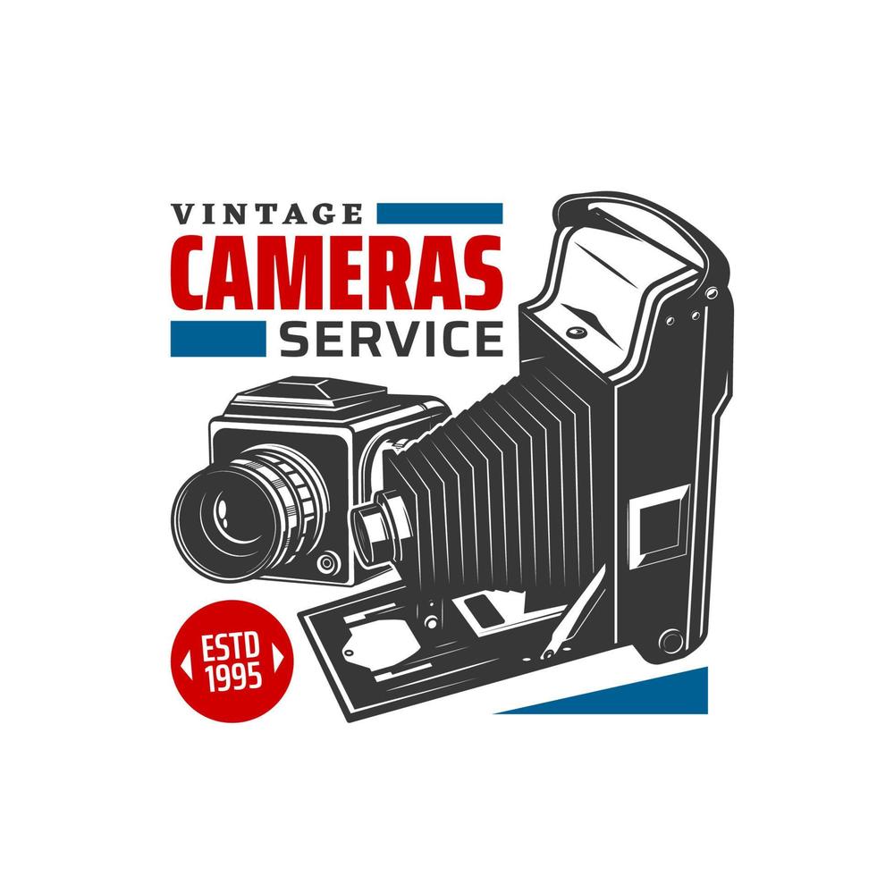 Vintage camera service icon, photography studio vector