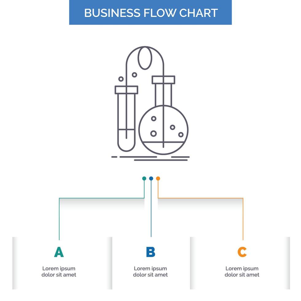 Testing. Chemistry. flask. lab. science Business Flow Chart Design with 3 Steps. Line Icon For Presentation Background Template Place for text vector