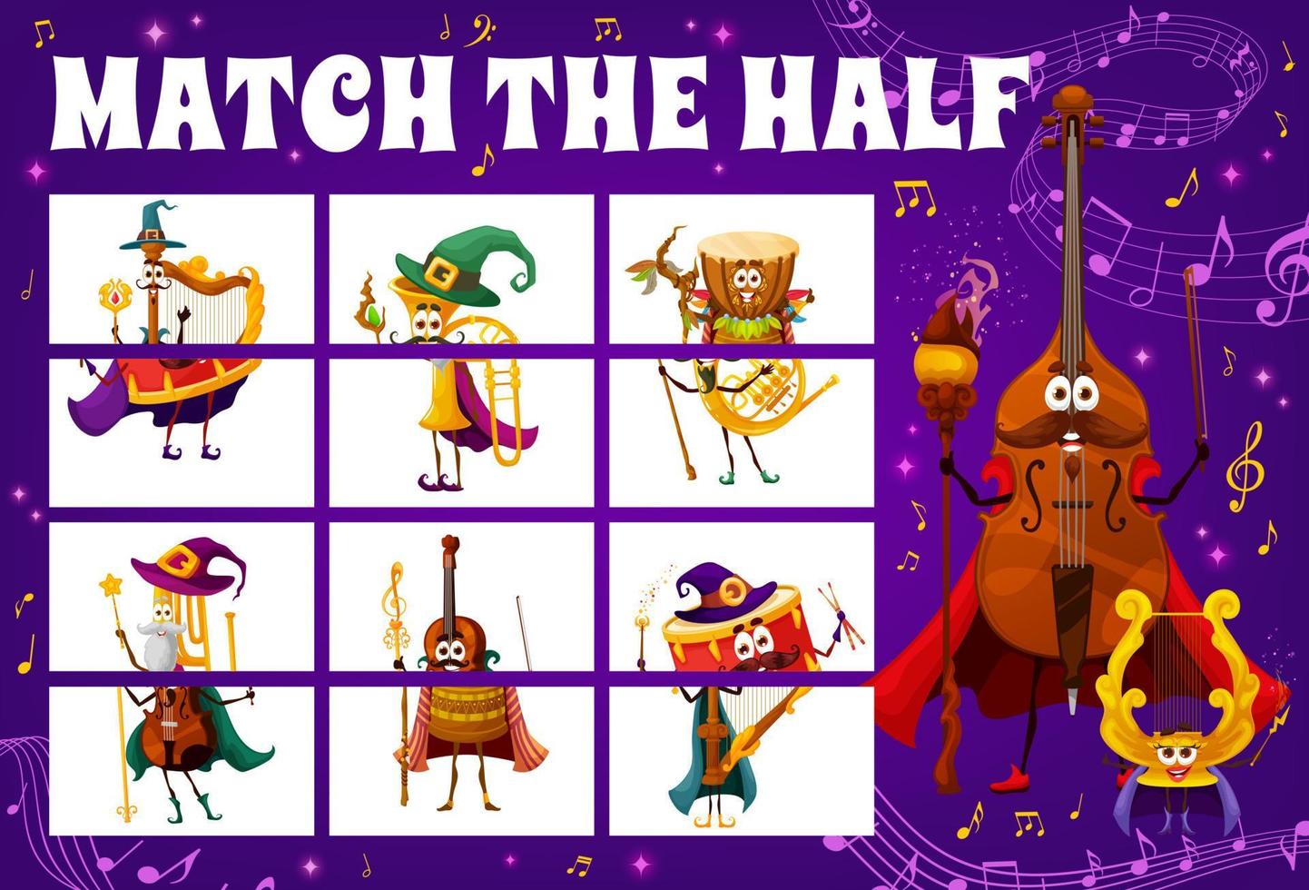 Match half of wizard and fairy musical instruments vector