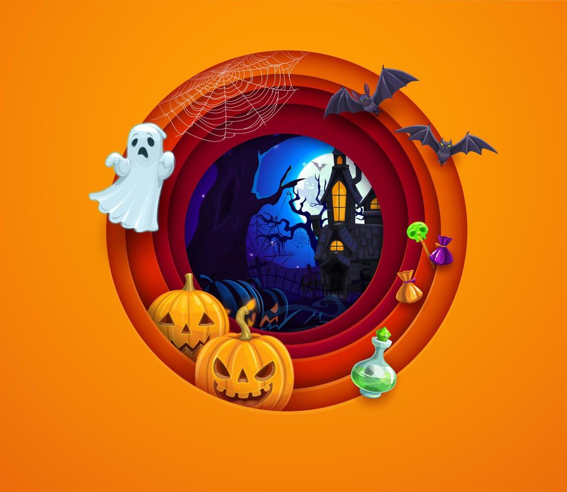 banner de corte de papel de halloween, fantasma de dibujos animados, castillo, vector