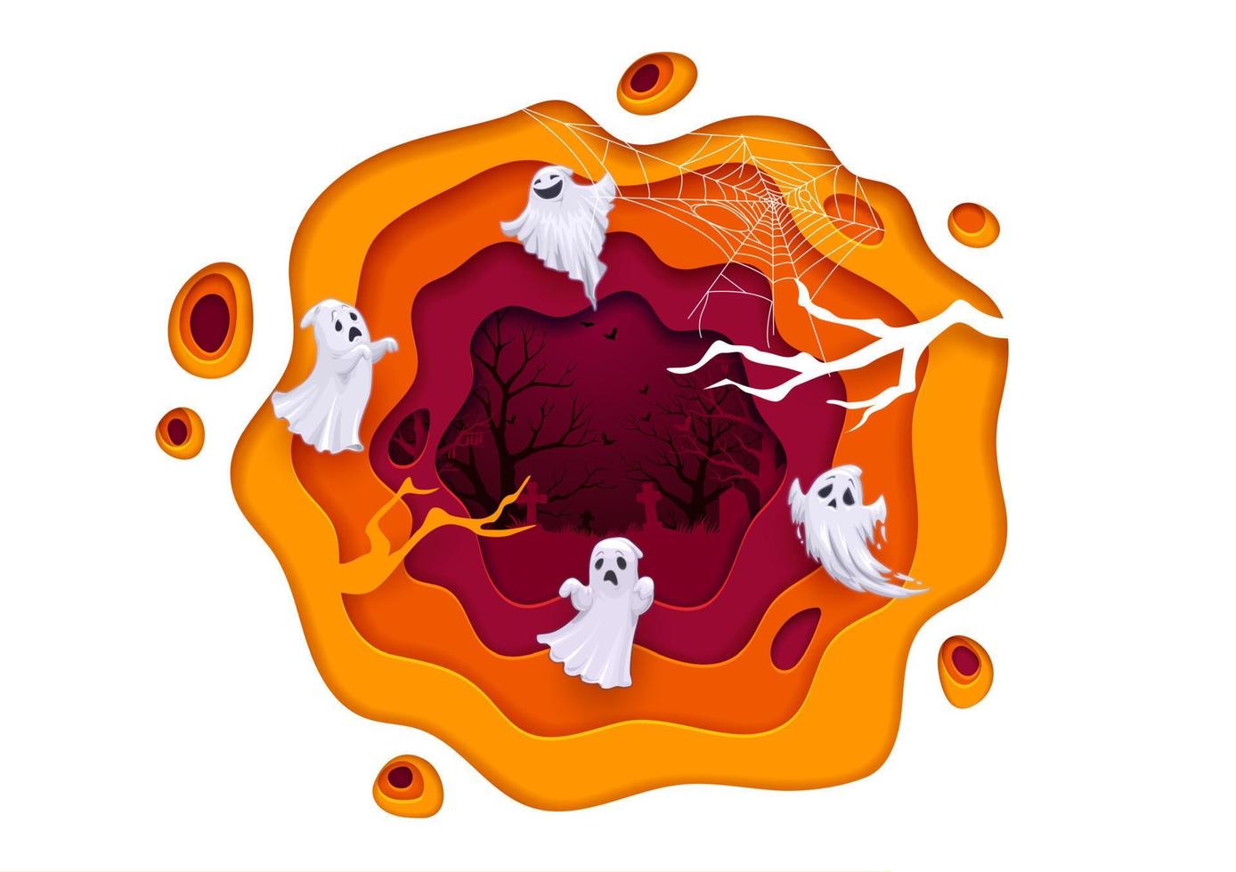 Halloween ghosts paper cut poster, papercut effect vector