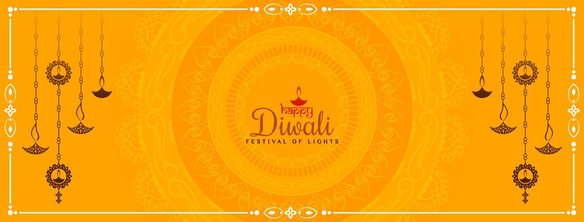 feliz festival de diwali banner amarillo con diseño de lámparas colgantes vector