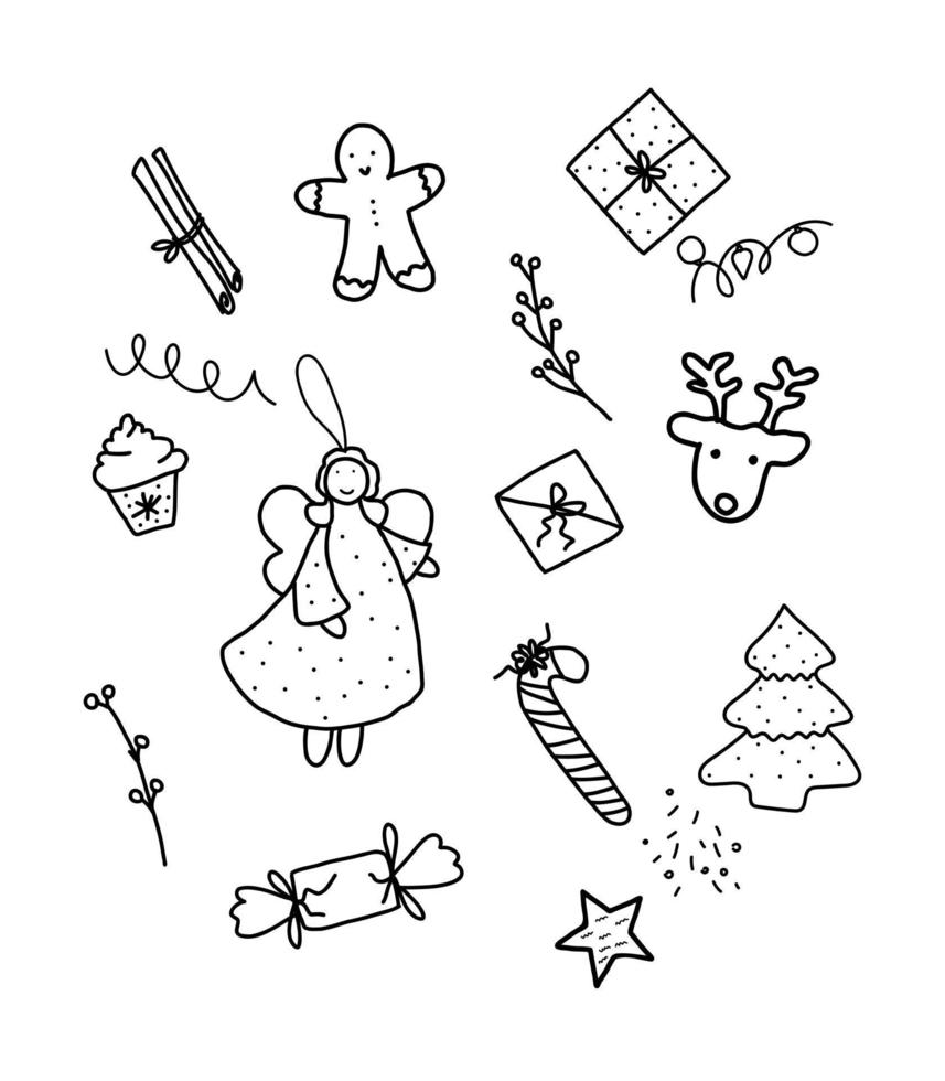 Doodle set of Christmas elements. Drawn details of New Year's decor, holiday decorations vector
