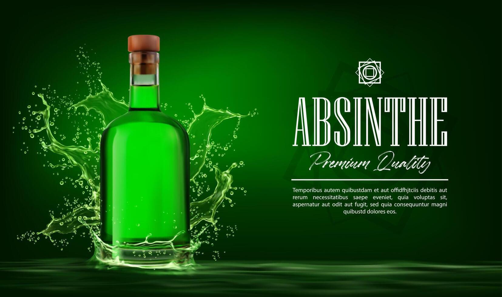 Vector illustration of alcohol drink Absinthe, green bottle of premium  herbal tincture and vintage half full cordial glass, original typeface for  word absinthe, contour composition for bar menu. Stock Vector