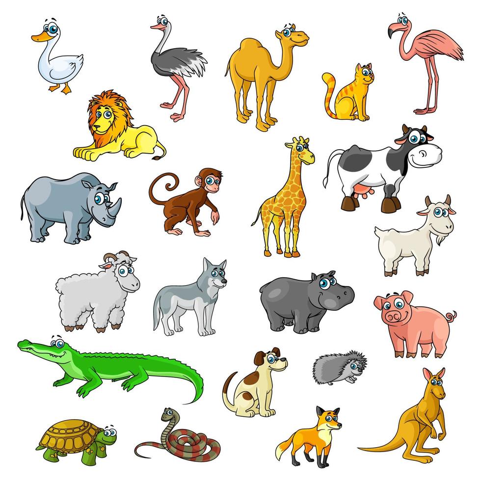 animales del zoológico, aves y mascotas iconos de dibujos animados vectoriales vector