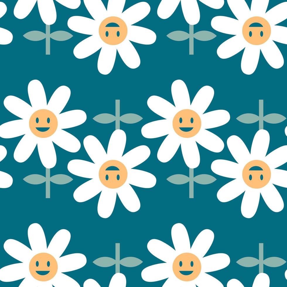 Retro daisy flowers with smiling faces seamless pattern. vector