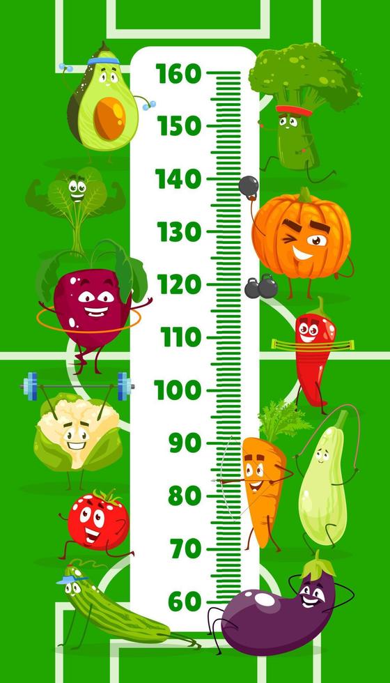 Kids height chart with cartoon vegetables athletes vector