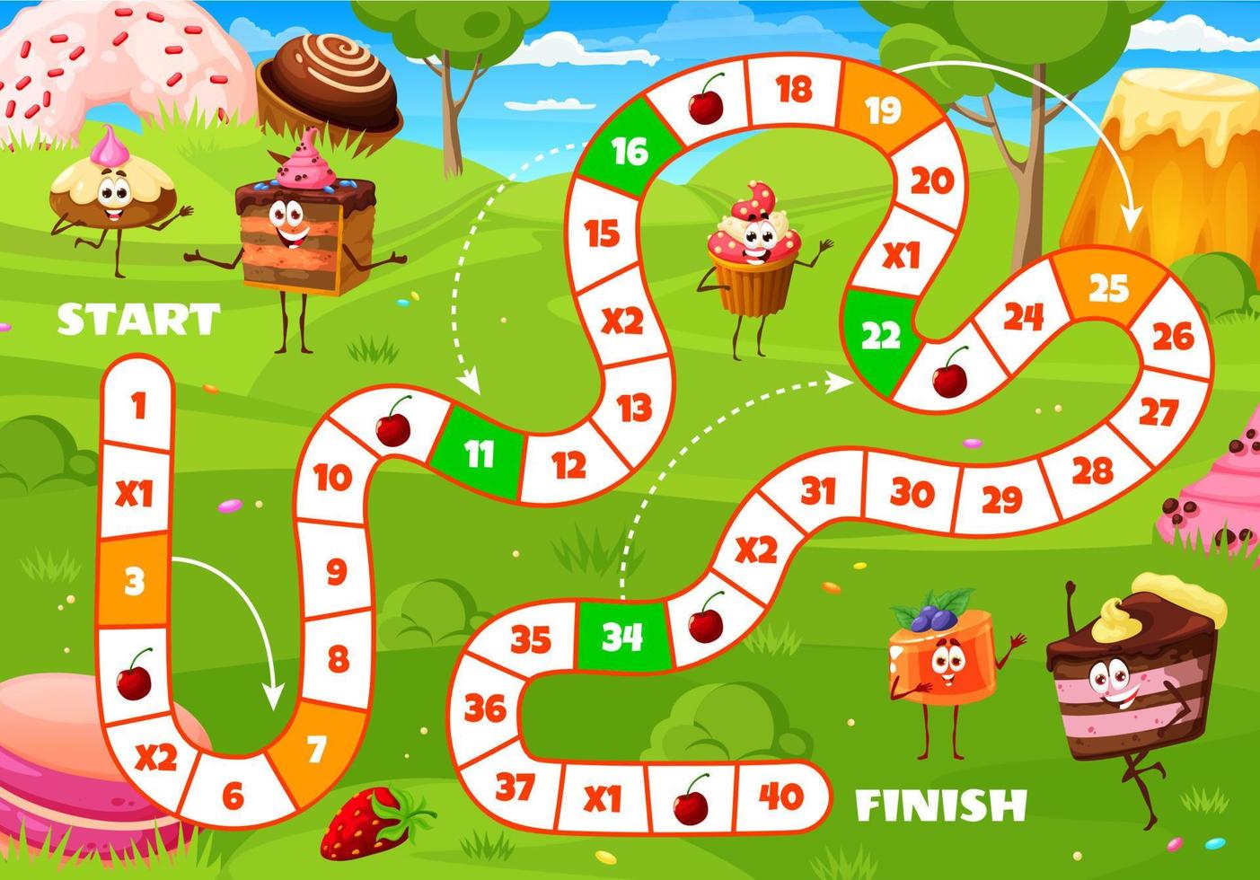 Board step game, cartoon cake characters on meadow vector