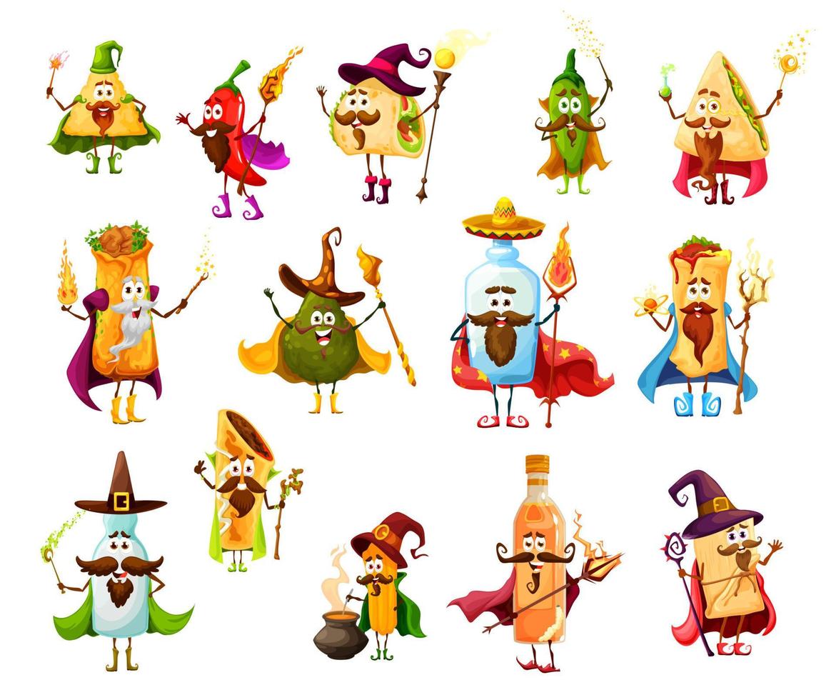 Cartoon Mexican Tex Mex food mage wizards, witches vector