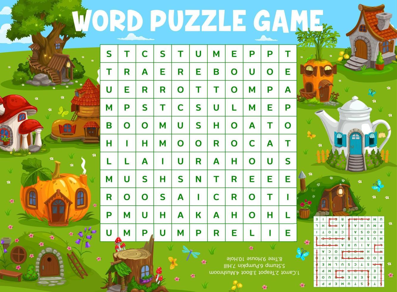 Cartoon fairy dwellings, houses word search puzzle vector